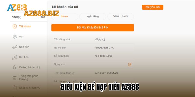 Điều kiện để nạp tiền Az888