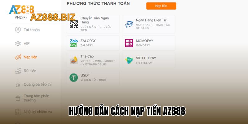 Hướng dẫn cách nạp tiền Az888